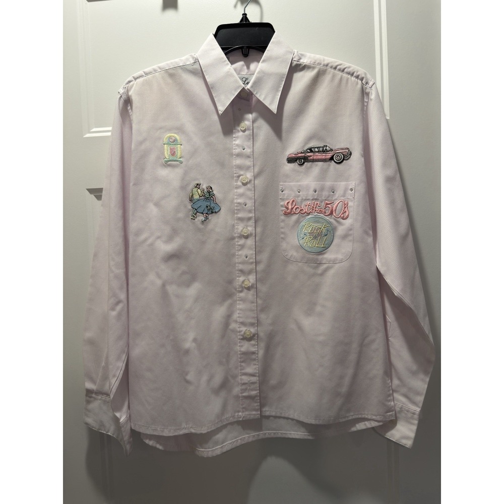 Get Lucky Retro 50s Rock N Roll Seersucker Shirt Womens Small Pink Poodle